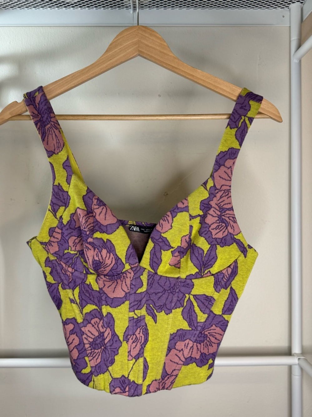 Zara Lime Green Floral Crop Camisole with Pink and Purple Blooms